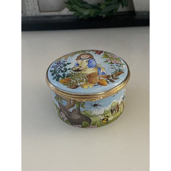 Marshall Enamels Four Seasons Pill Trinket Box Numbered Girl w Basket Happiness - Picture 7 of 16
